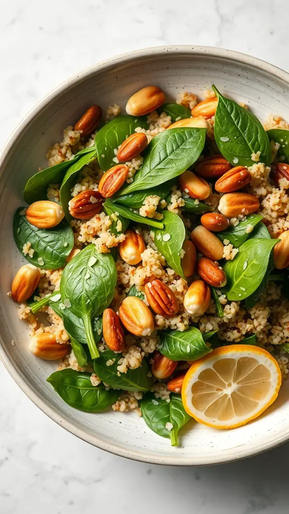 A bowl of warm quinoa and spinach salad with almonds and lemon