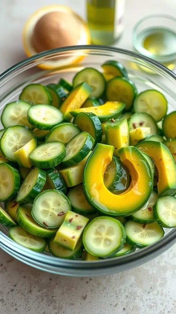A bowl of sliced cucumbers and avocados, ready to be mixed into a salad.