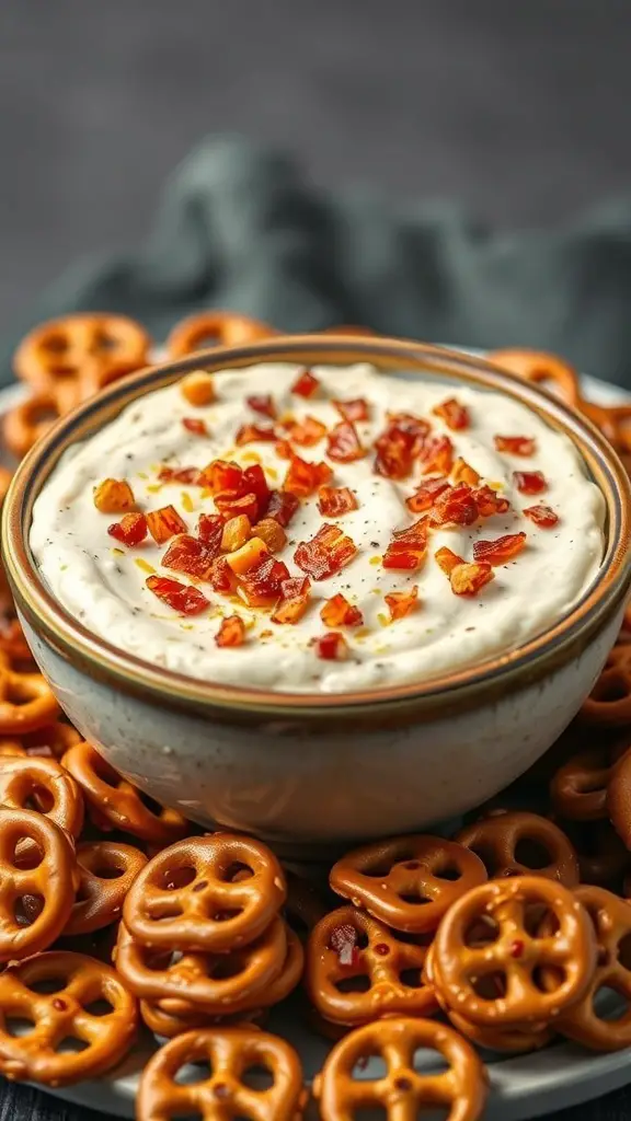 A bowl of creamy bacon cheddar ranch dip topped with bacon bits, surrounded by pretzels.