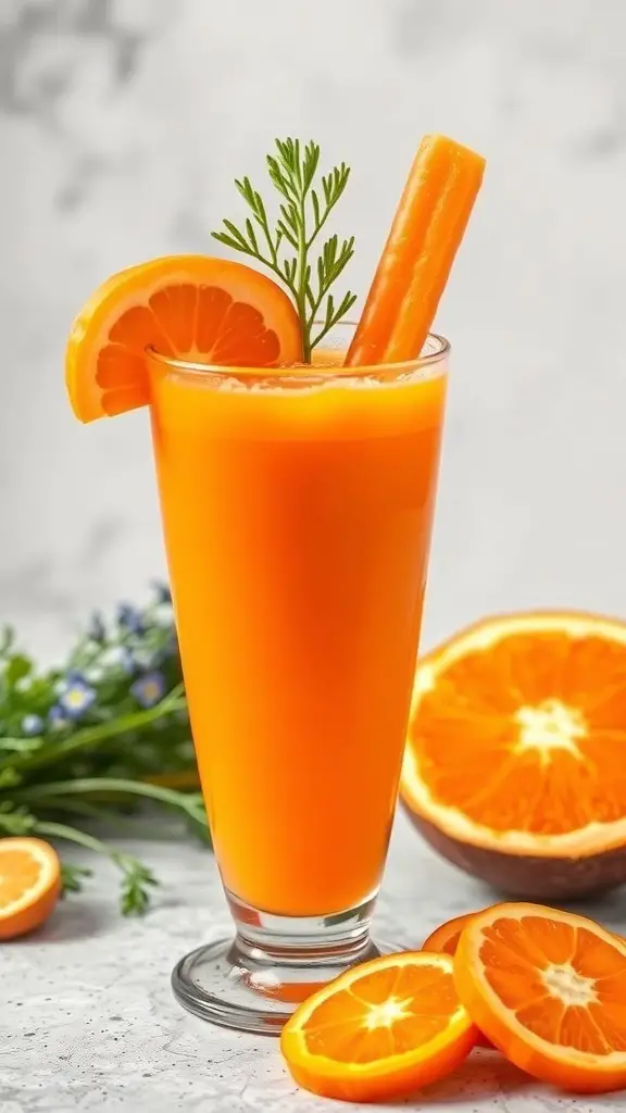A glass of Carrot Ginger Zing juice garnished with an orange slice and a carrot stick, surrounded by fresh oranges and herbs.