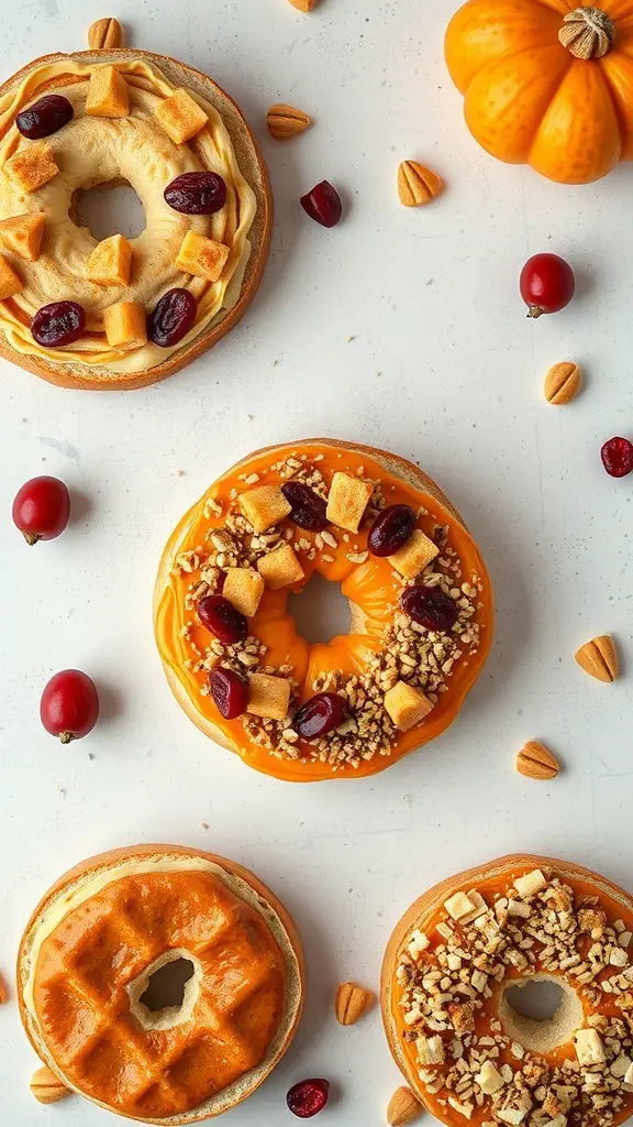 A colorful display of bagels topped with seasonal ingredients like pumpkin, cranberries, and nuts.