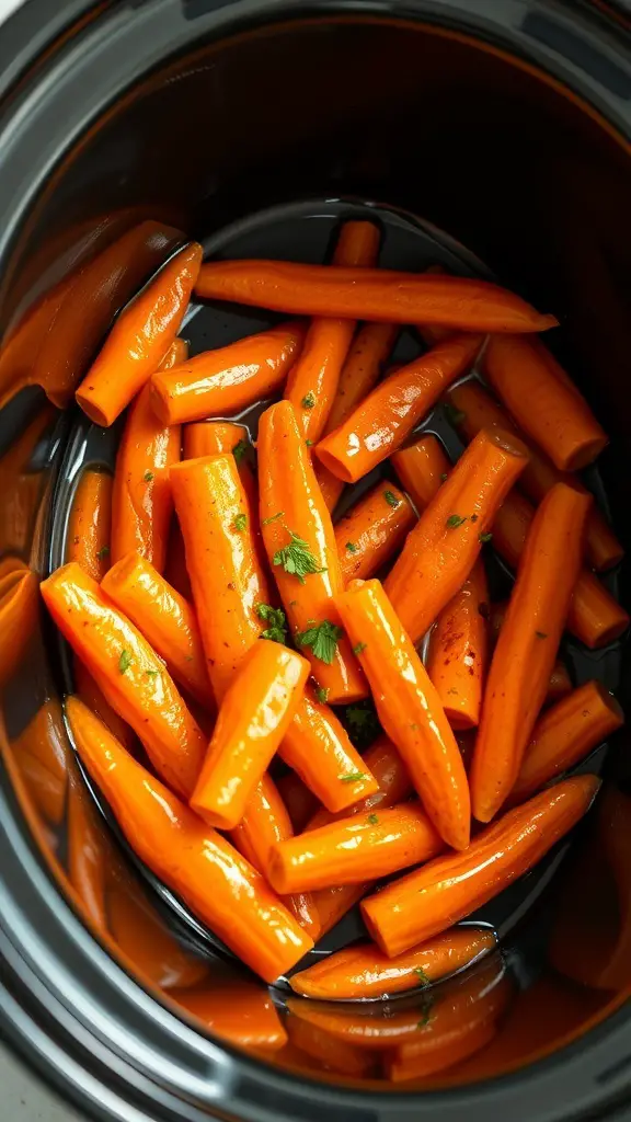A close-up of honey glazed carrots in a crockpot, showcasing their vibrant orange color and shiny glaze.