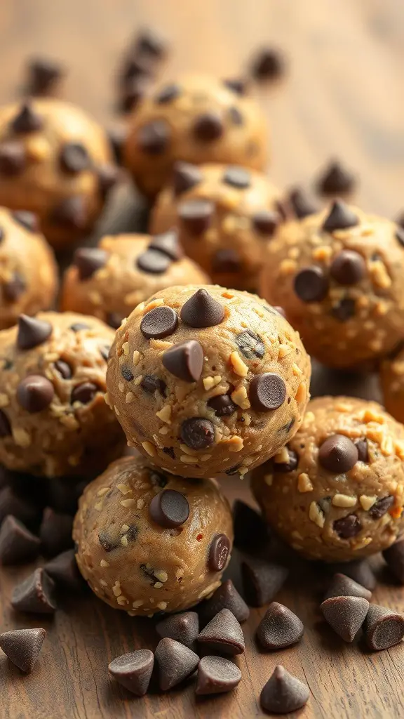 A close-up of peanut butter chocolate chip protein balls with chocolate chips scattered around.