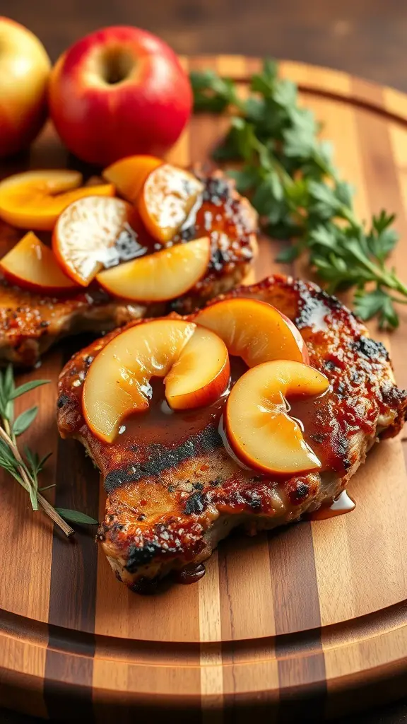 Delicious air fryer pork chops topped with caramelized apple slices, garnished with herbs, on a wooden platter.
