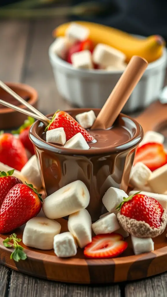 A bowl of chocolate hazelnut fondue surrounded by fresh strawberries, bananas, and marshmallows.