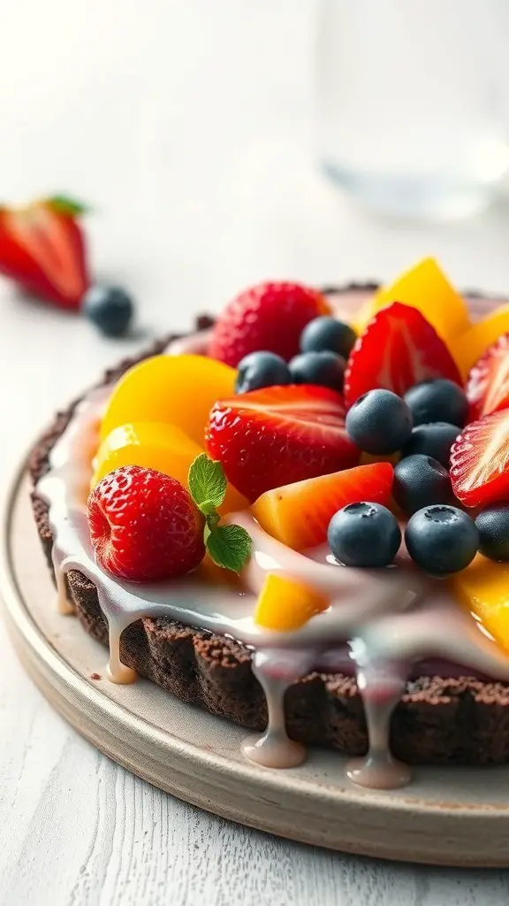 A fruit tart with an Oreo crust topped with strawberries, mango, and blueberries