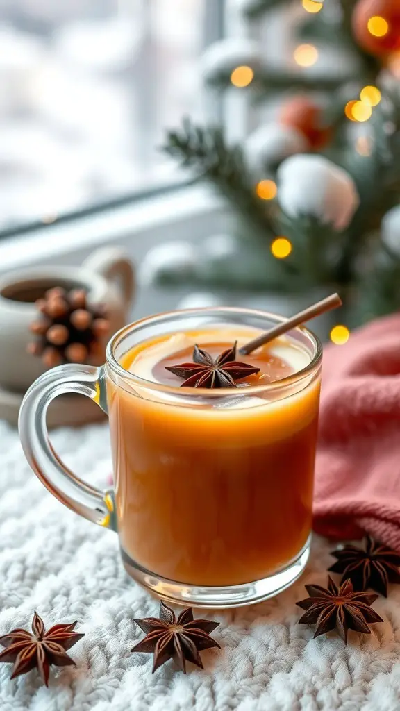 A warm Chai Spiced Hot Toddy in a clear glass mug, garnished with star anise, set against a cozy winter backdrop.