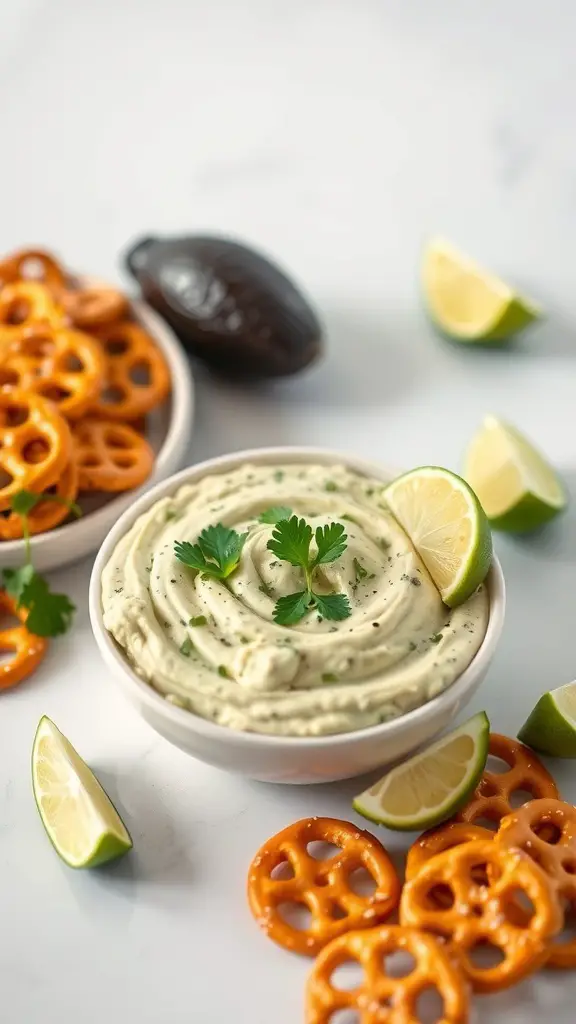 A bowl of creamy avocado cilantro lime dip with lime wedges and pretzels on the side.