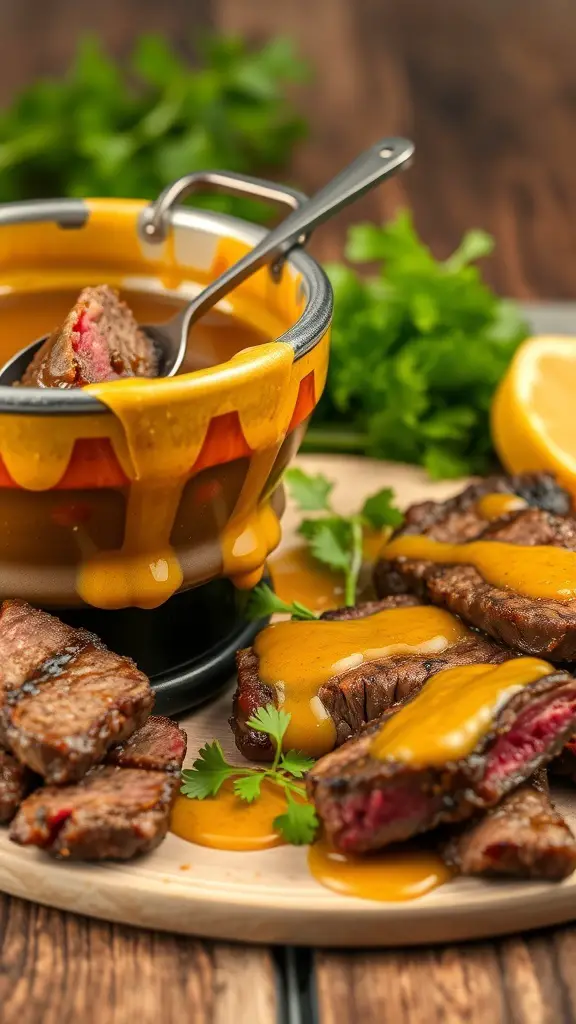 Honey mustard glazed steak fondue with pieces of steak and a dipping sauce