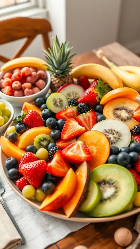 A colorful fruit platter featuring strawberries, blueberries, kiwi, cantaloupe, and more.