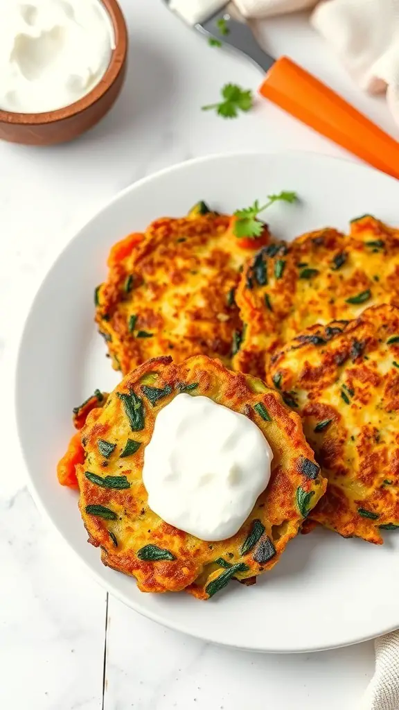 Plate of zucchini and carrot fritters topped with yogurt