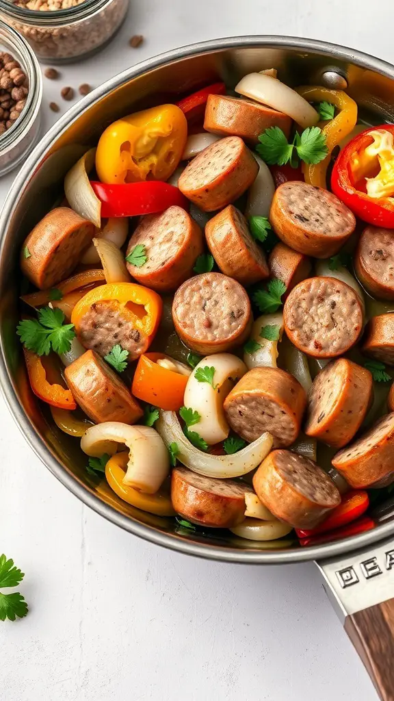 A skillet filled with sliced sausage and colorful bell peppers and onions, garnished with fresh herbs.