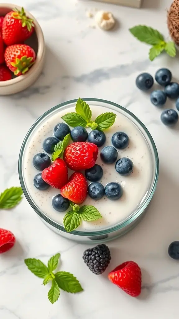 A bowl of coconut chia pudding topped with fresh strawberries, blueberries, and mint leaves.