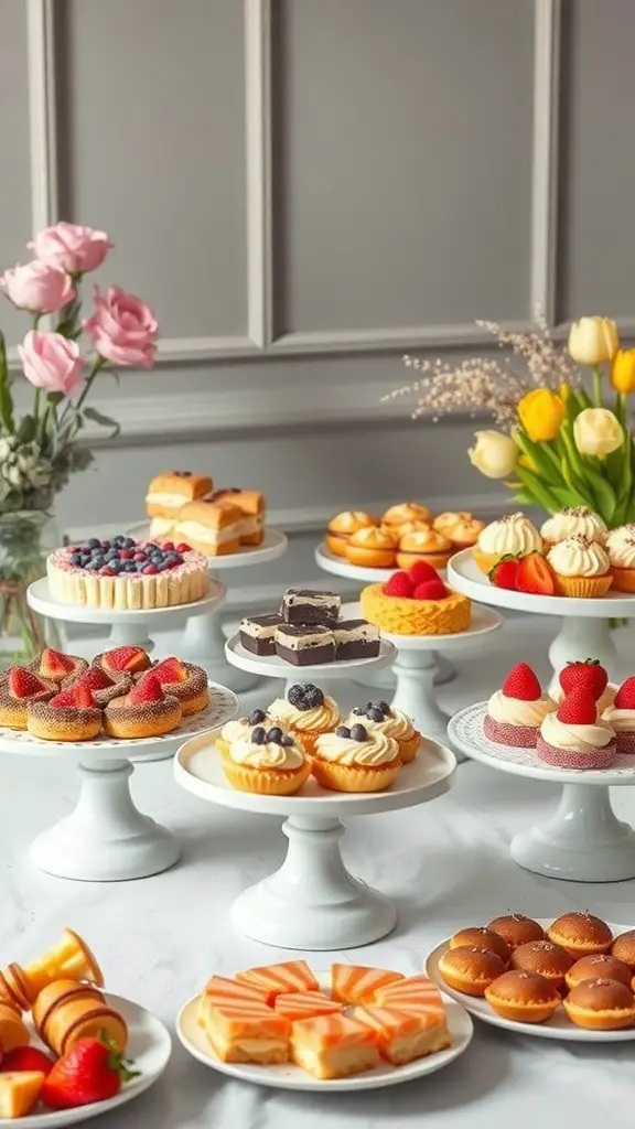 A beautifully arranged dessert station featuring various cakes, cupcakes, and pastries on white pedestals with flowers in the background.