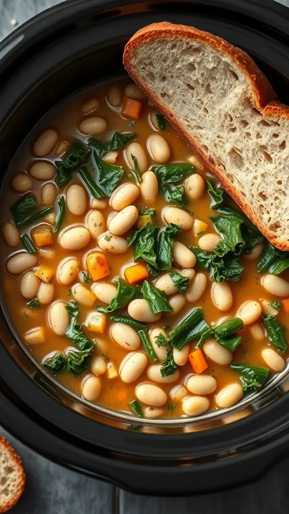 A bowl of Tuscan White Bean and Kale Soup with a slice of bread on the side.