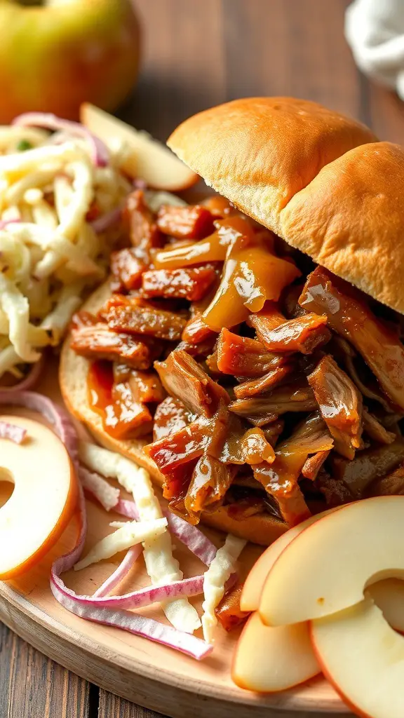 A delicious apple cider pulled pork sandwich with coleslaw and apple slices on the side.