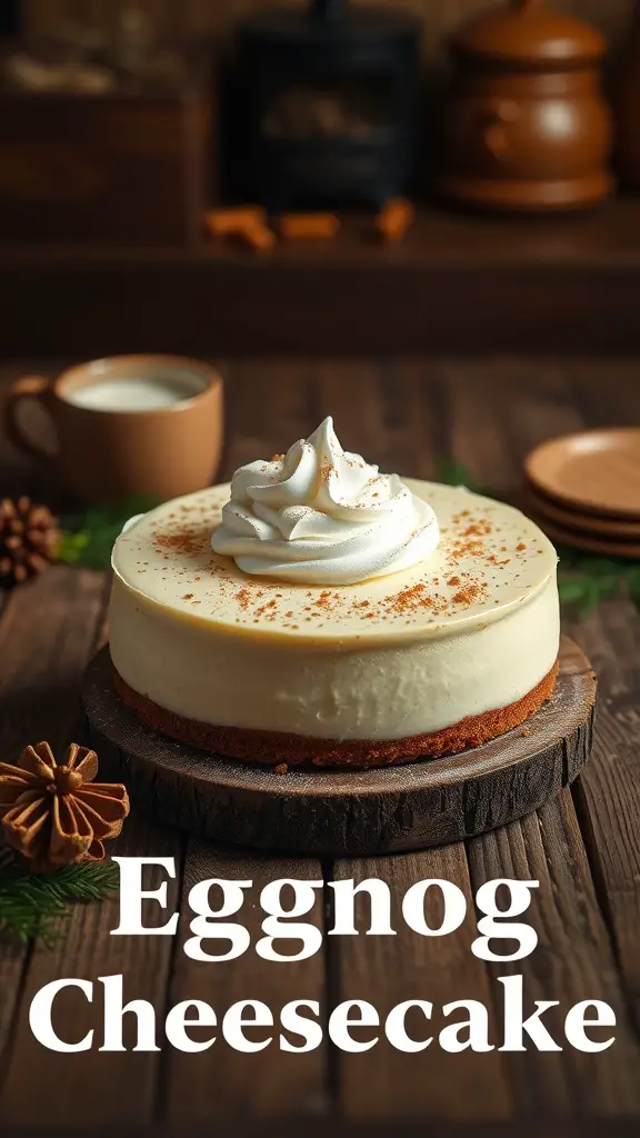 A classic eggnog cheesecake topped with whipped cream and nutmeg, set on a wooden board with a cozy background.