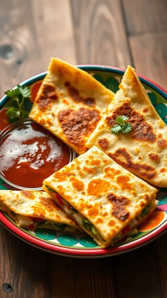 A plate of vegetable and cheese quesadillas with salsa on the side.