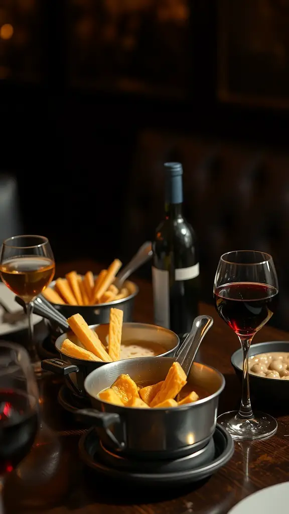 A cozy fondue setup with pots of melted cheese and chocolate, surrounded by breadsticks and wine.