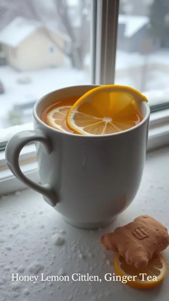 A warm cup of Honey Lemon Ginger Tea with lemon slices on top, next to a ginger cookie, with a snowy view outside.