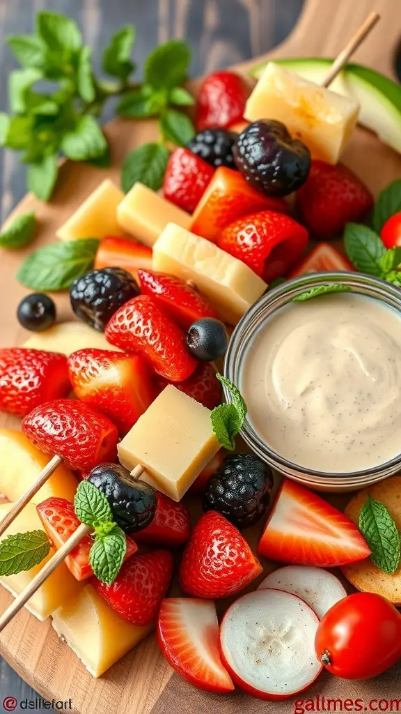 Colorful fruit skewers with strawberries, blackberries, and cheese on a wooden board