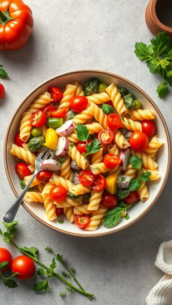 A bowl of colorful pasta salad with cherry tomatoes, bell peppers, and fresh herbs.