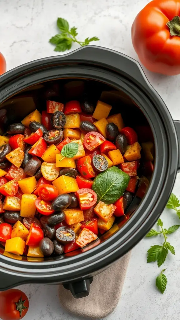 A colorful crockpot filled with vegetarian ratatouille, featuring bell peppers, tomatoes, and black beans.