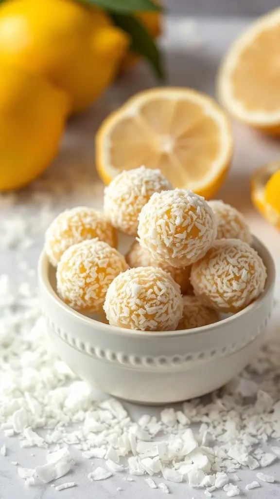 A bowl of lemon coconut energy bites surrounded by fresh lemons and shredded coconut.