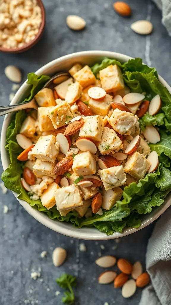 A bowl of Coconut Curry Chicken Salad with chicken, almonds, and greens.