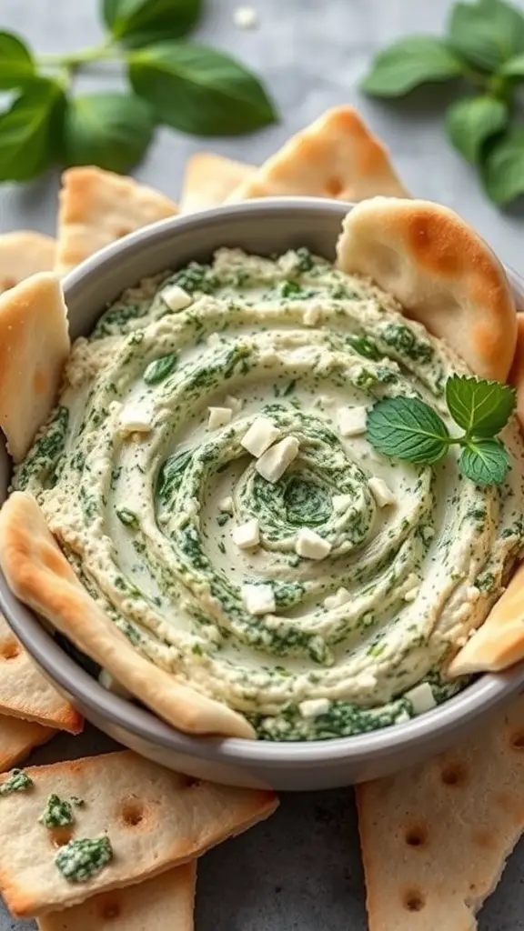 A bowl of spinach and feta cheese pesto dip surrounded by pita chips.