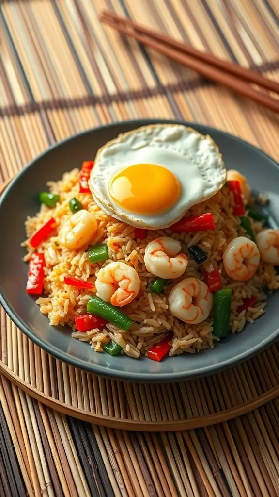 A plate of shrimp fried rice topped with a fried egg, served on a bamboo mat.
