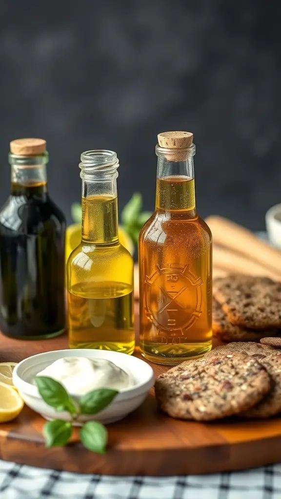 A selection of herb-infused oils and vinegars on a wooden board with snacks.