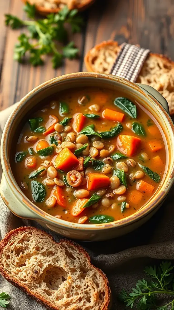 A bowl of lentil soup with spinach and carrots, served with slices of bread.