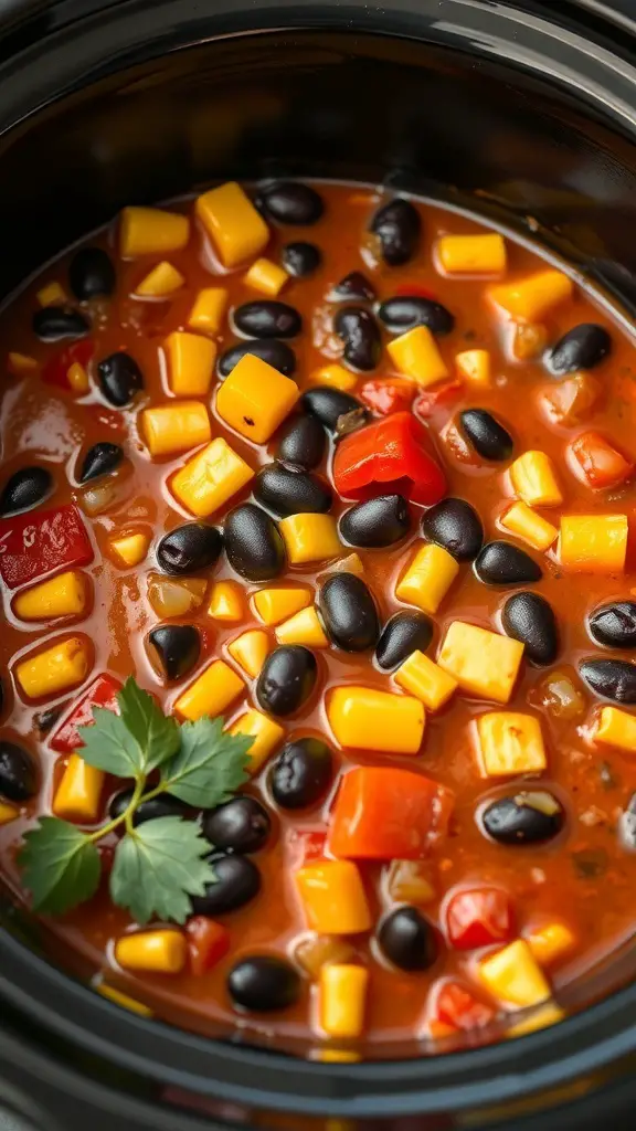 A close-up view of spicy vegetarian chili with black beans, corn, and bell peppers in a crockpot.