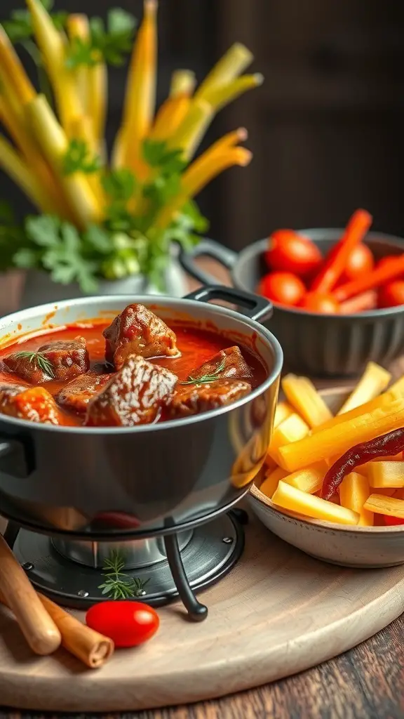 A pot of spicy chipotle steak fondue with colorful vegetables on the side.