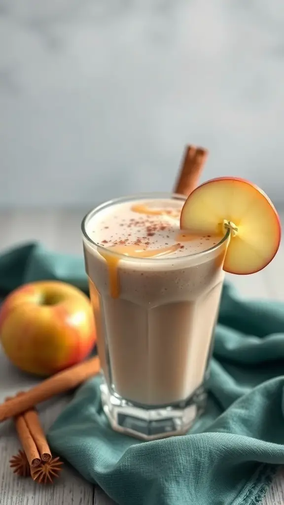 A refreshing apple cinnamon smoothie in a glass, garnished with a slice of apple and a cinnamon stick, with apples and cinnamon sticks in the background.