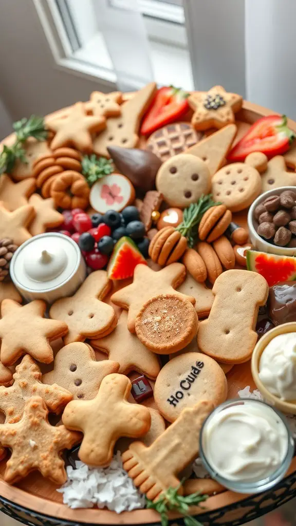A cookie charcuterie board featuring various cookie shapes, toppings, and dips for decorating.