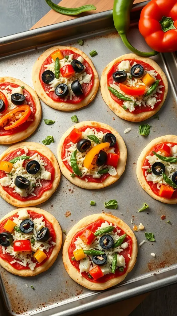 A tray of mini veggie pizzas topped with colorful vegetables and cheese.