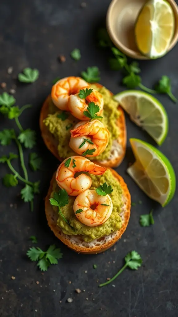 Crostini topped with avocado mash and shrimp, garnished with lime and cilantro