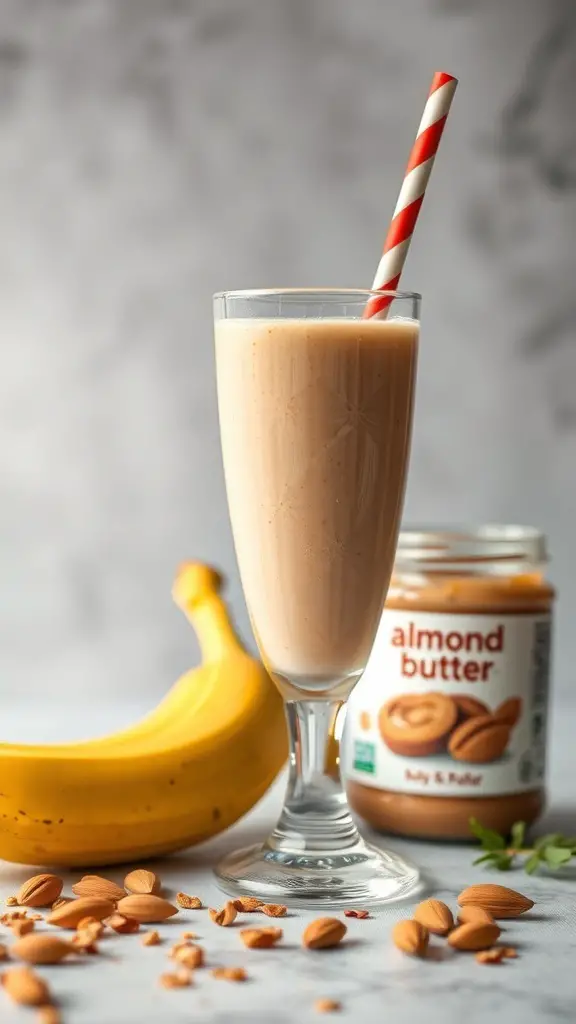 A glass of banana almond butter smoothie with a banana and almond butter jar in the background.