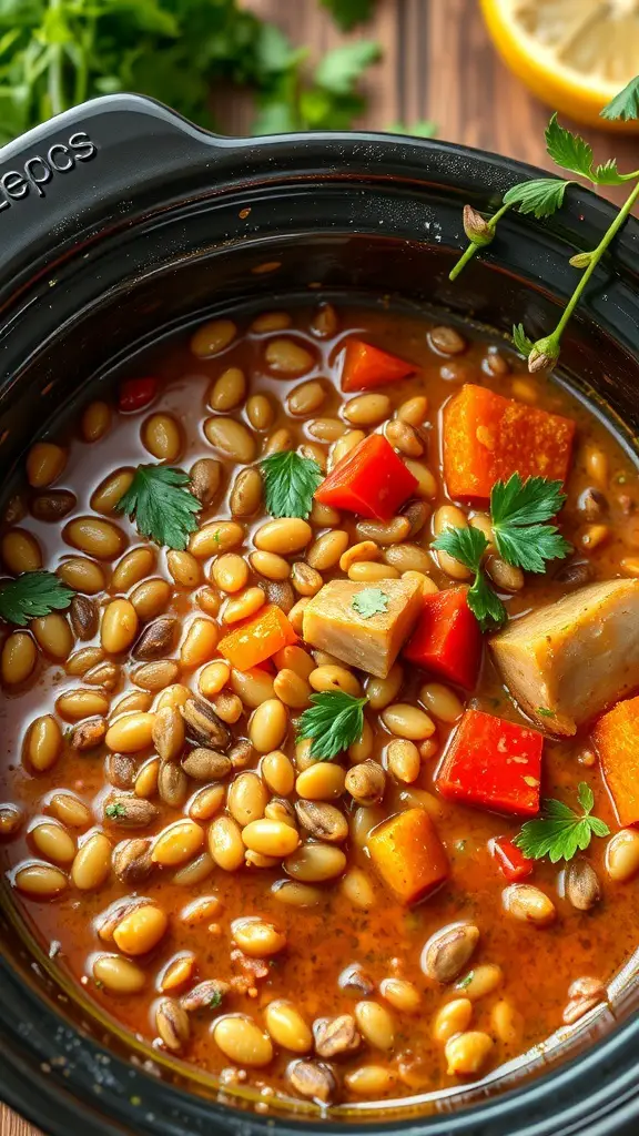 A bowl of lentil and vegetable stew in a crockpot, featuring colorful vegetables and herbs.