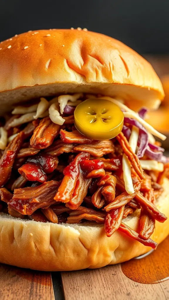 A close-up of a pulled pork sandwich with coleslaw and a jalapeño slice on a sesame seed bun.