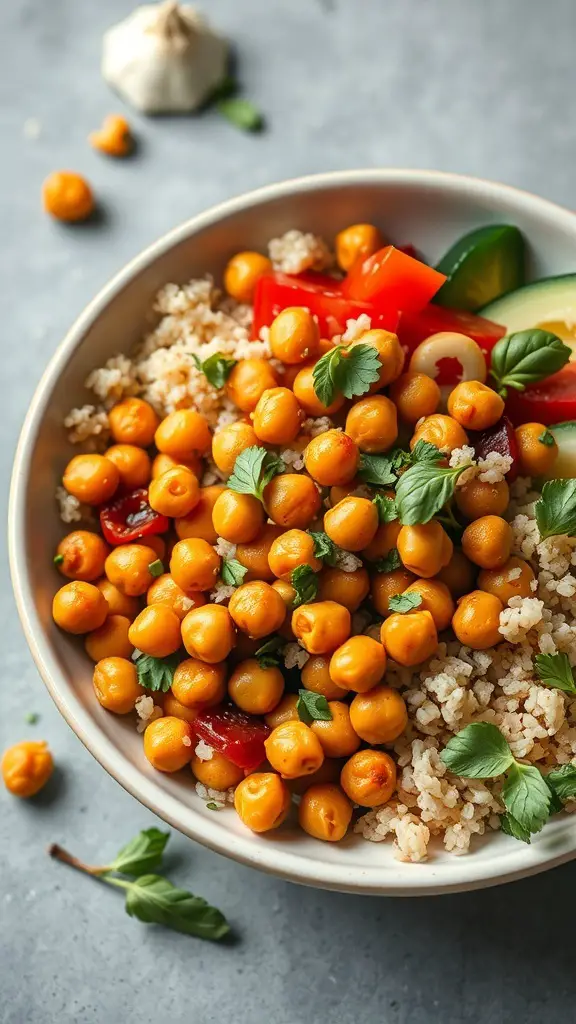 A bowl filled with spicy chickpeas, quinoa, and fresh vegetables.