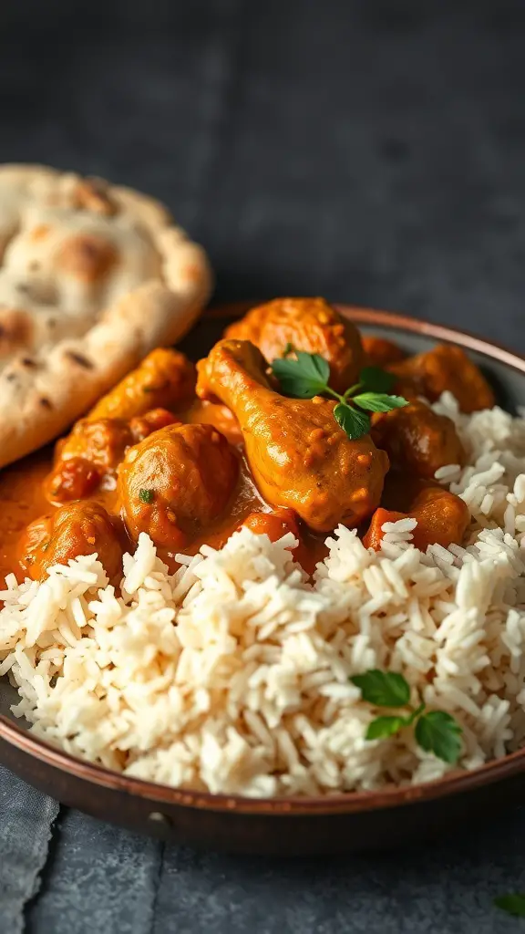 A plate of Chicken Tikka Masala with rice and naan bread.