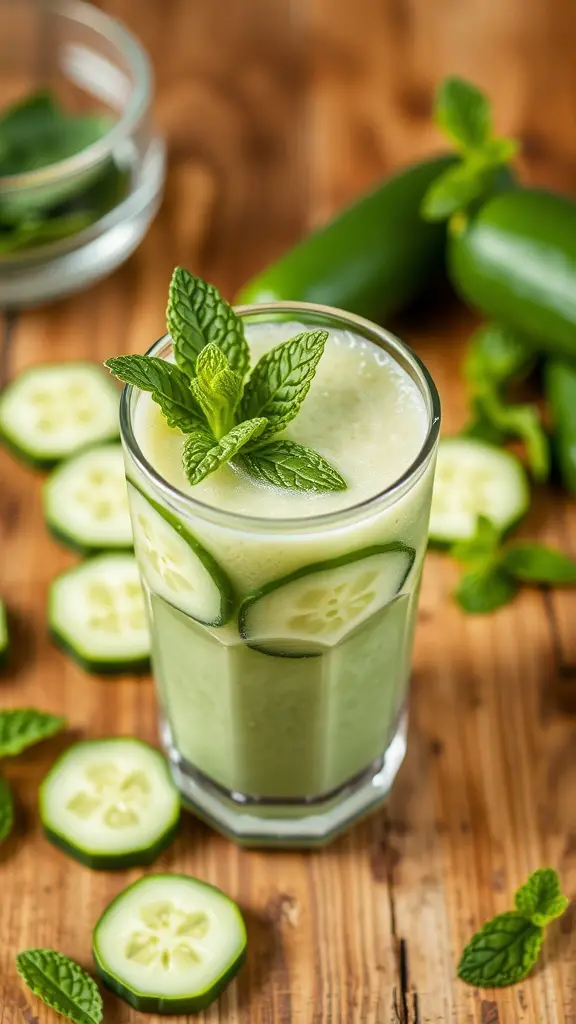 A refreshing cucumber mint detox smoothie in a glass, garnished with mint leaves and cucumber slices, on a wooden table.