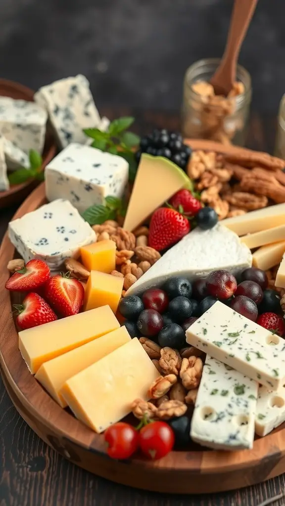 A vegan cheese platter featuring various vegan cheeses, fresh fruits, and nuts arranged on a wooden board.