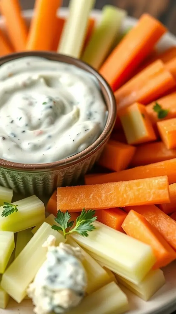 A bowl of creamy blue cheese dressing surrounded by fresh carrot and celery sticks.