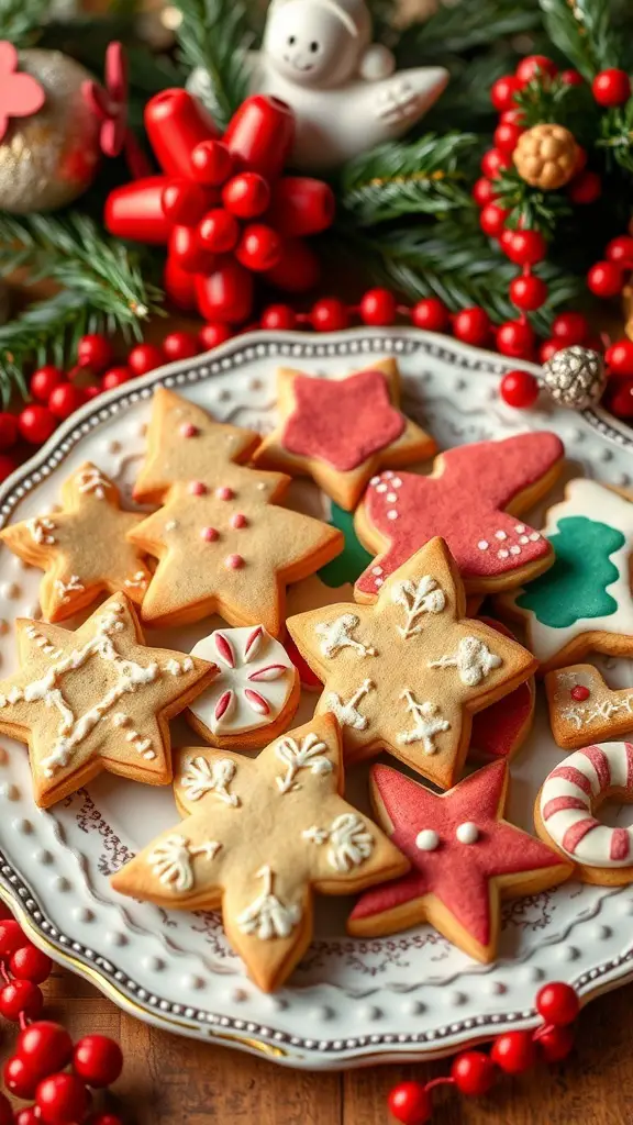 A plate of decorated shortbread cookies in holiday shapes, surrounded by festive decorations.