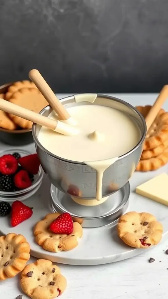 A pot of vanilla bean white chocolate fondue surrounded by cookies and fresh fruits.