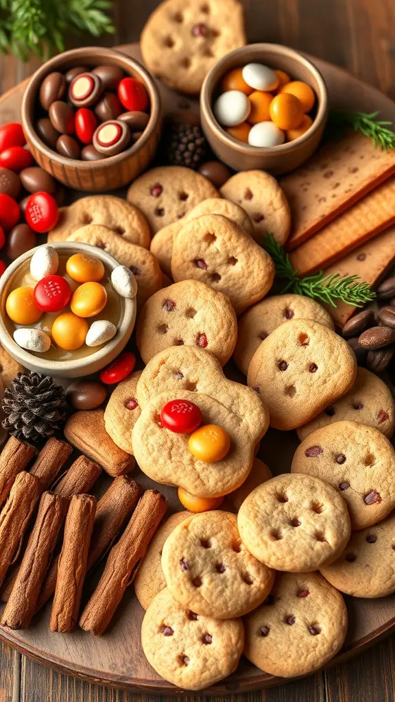 A delicious assortment of cookies and candies arranged on a charcuterie board.